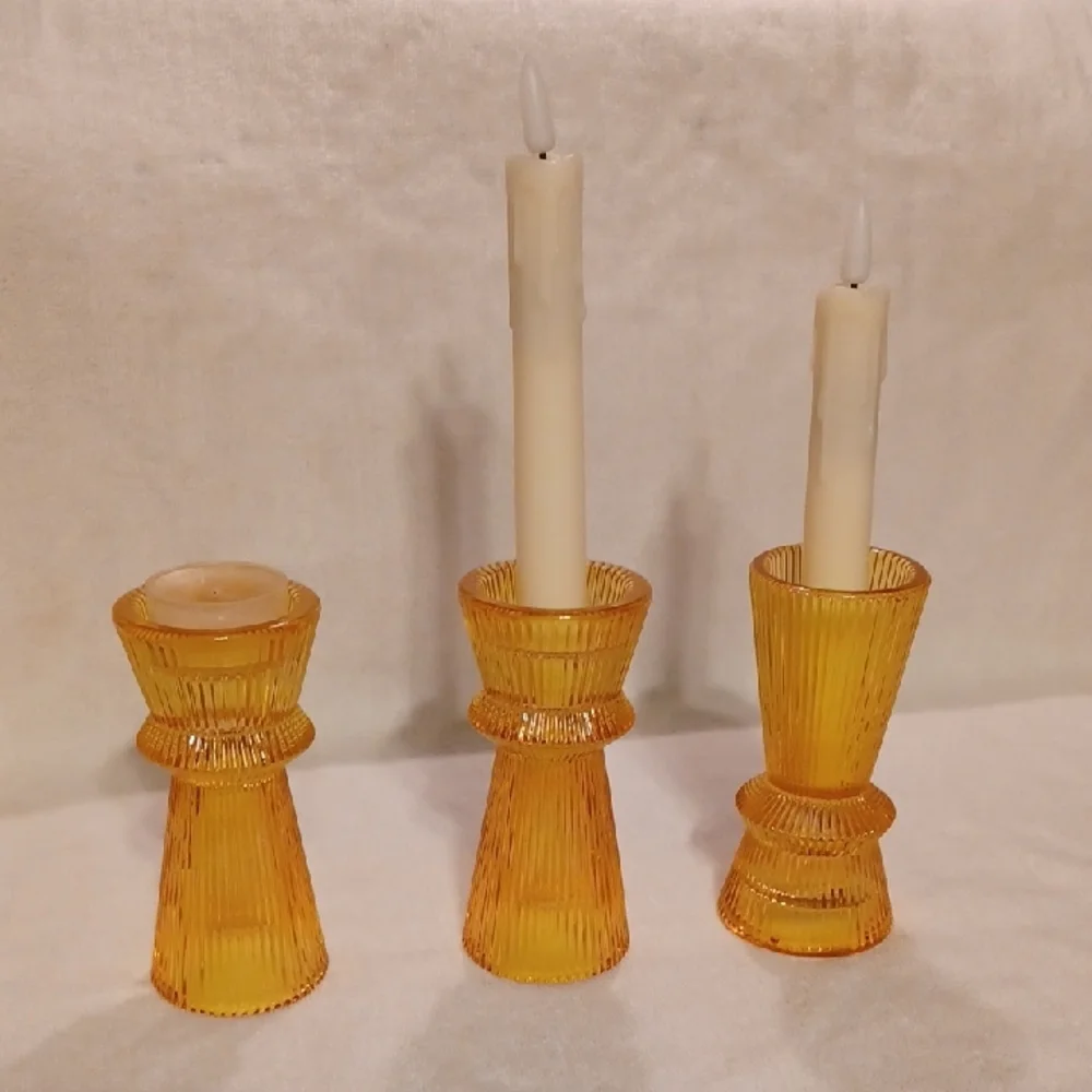 Amber Glass Candle Holders Set, Set Of 3 Heavy Glass